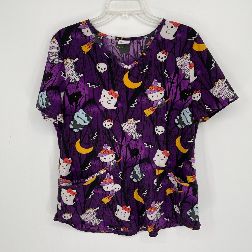 Hello Kitty Women's Purple Halloween Spooky Stretch Nurse Scrub Top Size M